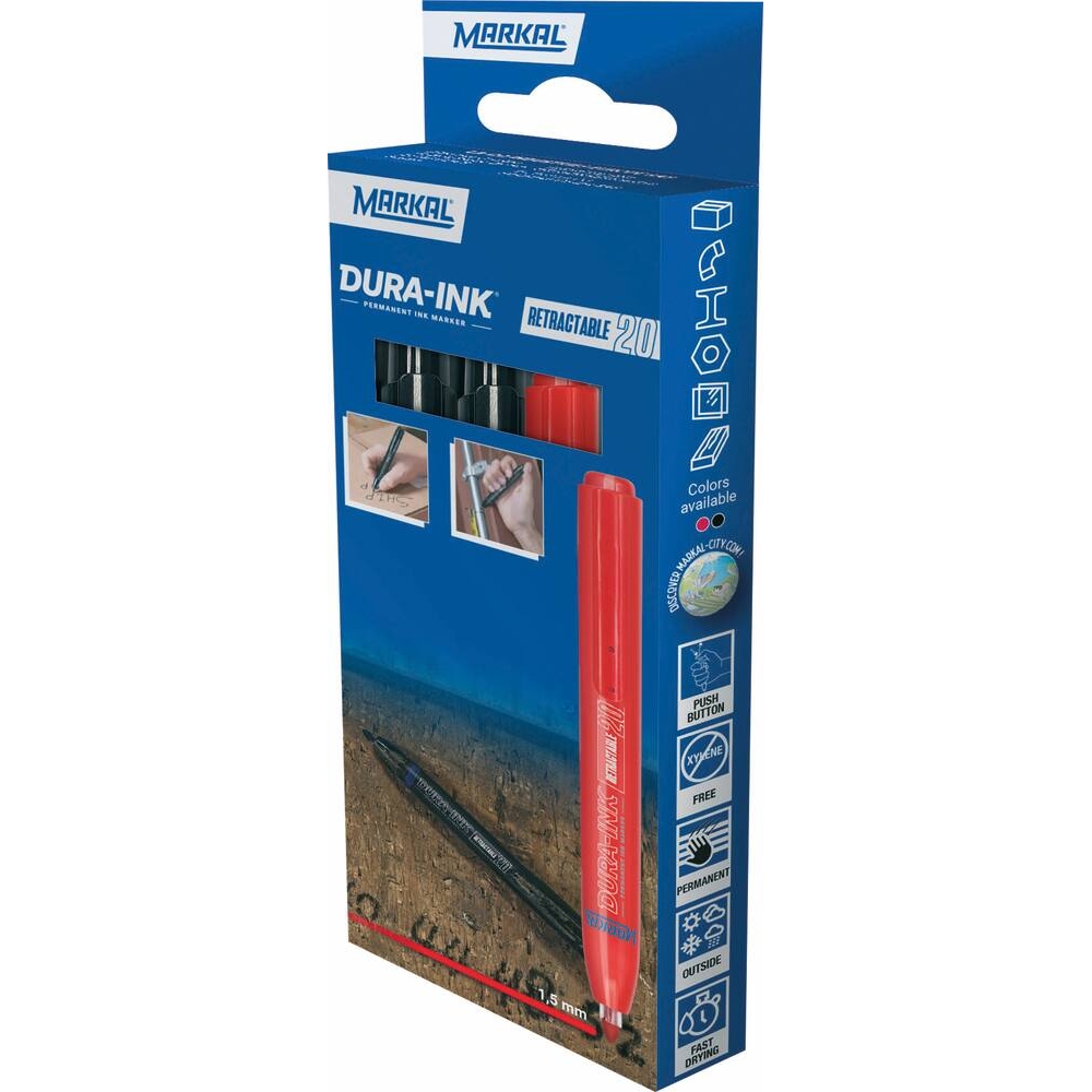 Marqueur indélébile noir/rouge pointe conique 1,5mm rétractable - de 3 pcs MARKAL - 08788