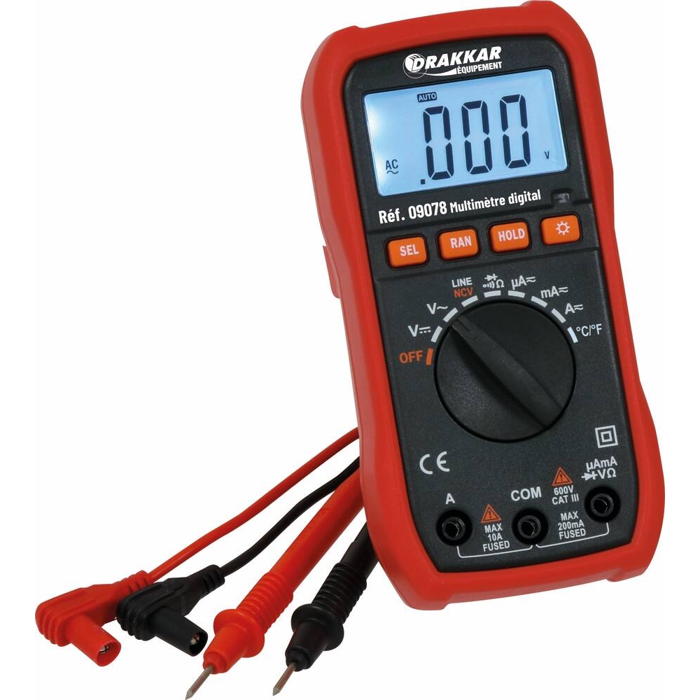 Multimètre digital échelle automatique Cat III 600V avec sonde température DRAKKAR - 09078