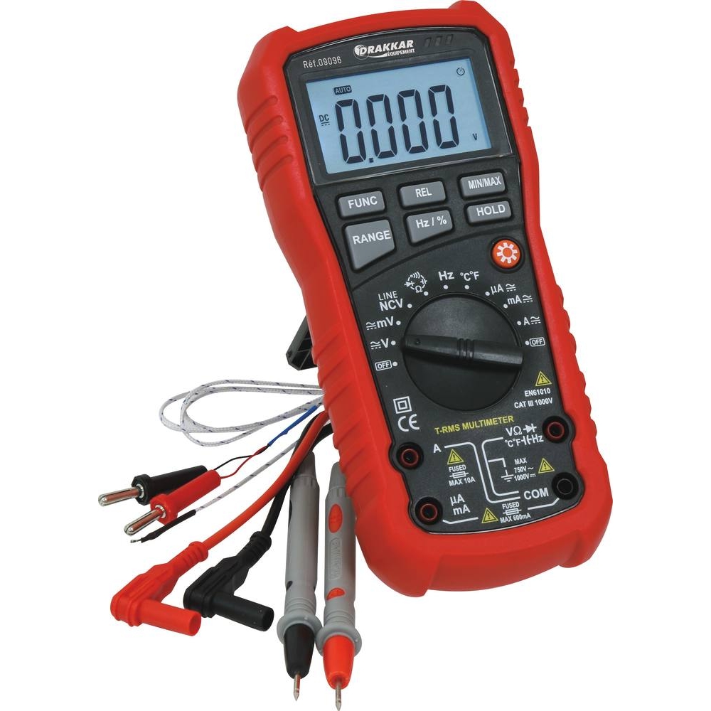Multimètre digital échelle automatique Cat III 1000V avec sonde température DRAKKAR - 09096