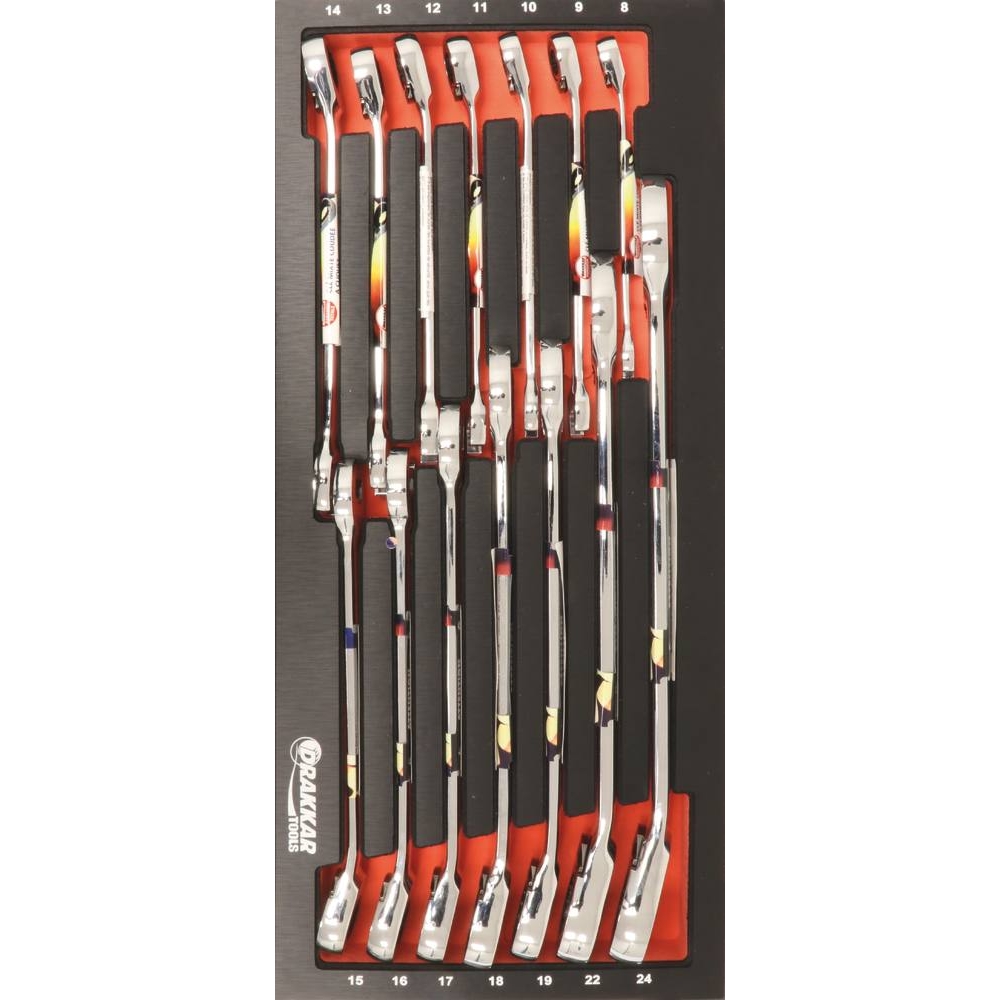 Module mousse 395x178mm métal clés mixtes coudées à cliquet de 8 à 24mm - 14 pcs DRAKKAR TOOLS - 09717