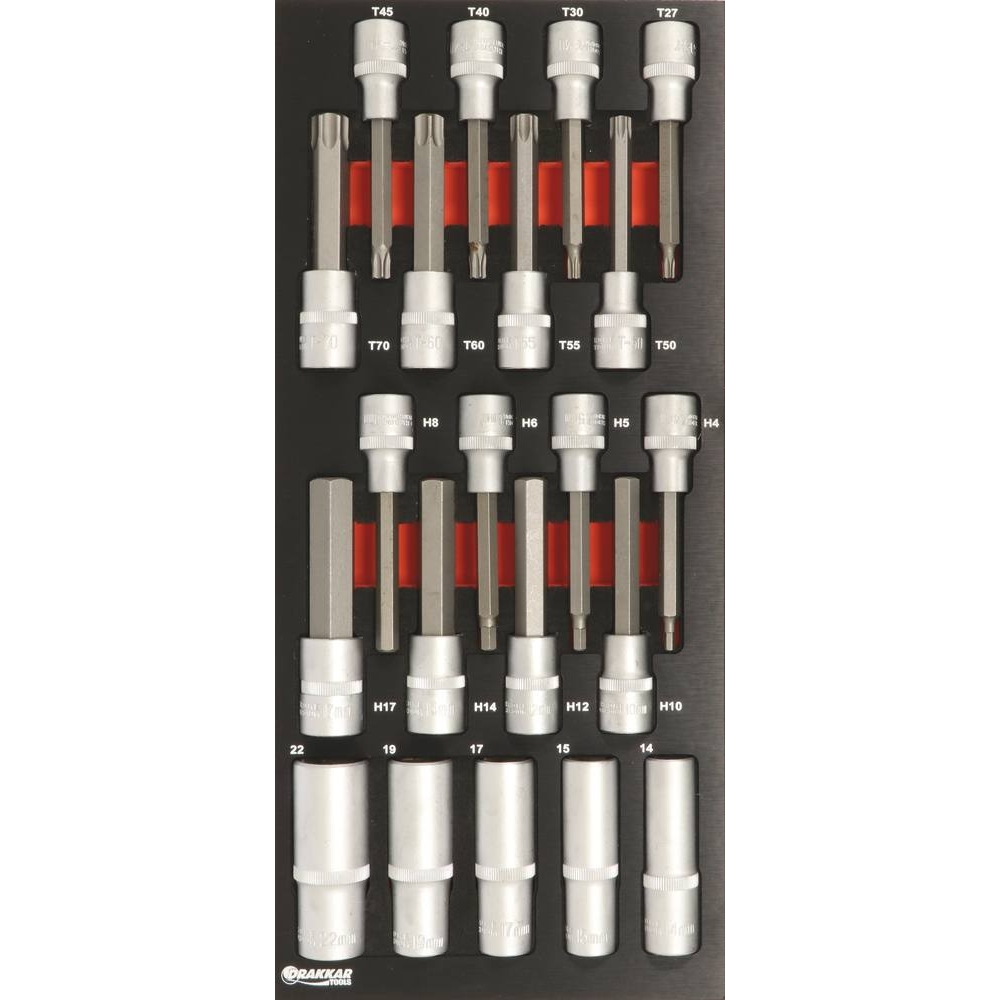 Module mousse 395x178mm métal douilles longues/embouts Torx et hexagonal - 21 pcs DRAKKAR TOOLS - 09725