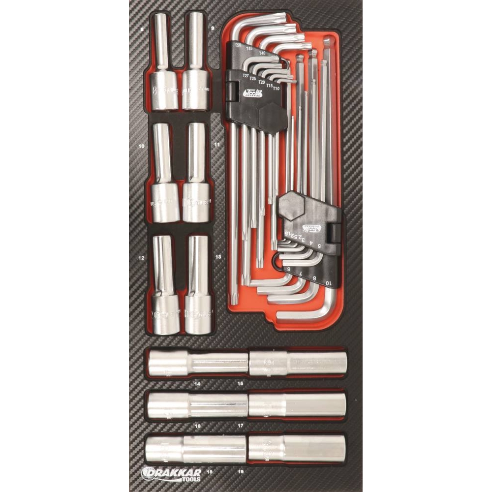 Module mousse 402x189mm carbone douilles longues 1/2" et clés mâles coudées - 31 pcs DRAKKAR TOOLS - 09868
