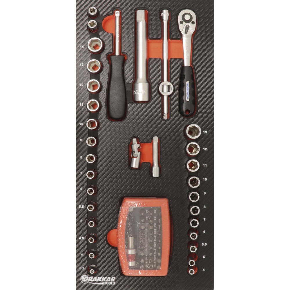 Module mousse finition carbone douilles radio 1/4' DRAKKAR TOOLS - 09869