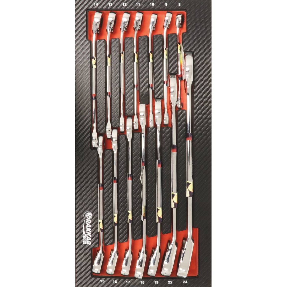 Module mousse 402x189mm carbone clés mixtes coudées à cliquet de 8 à 24mm - 14 pcs DRAKKAR TOOLS - 09882
