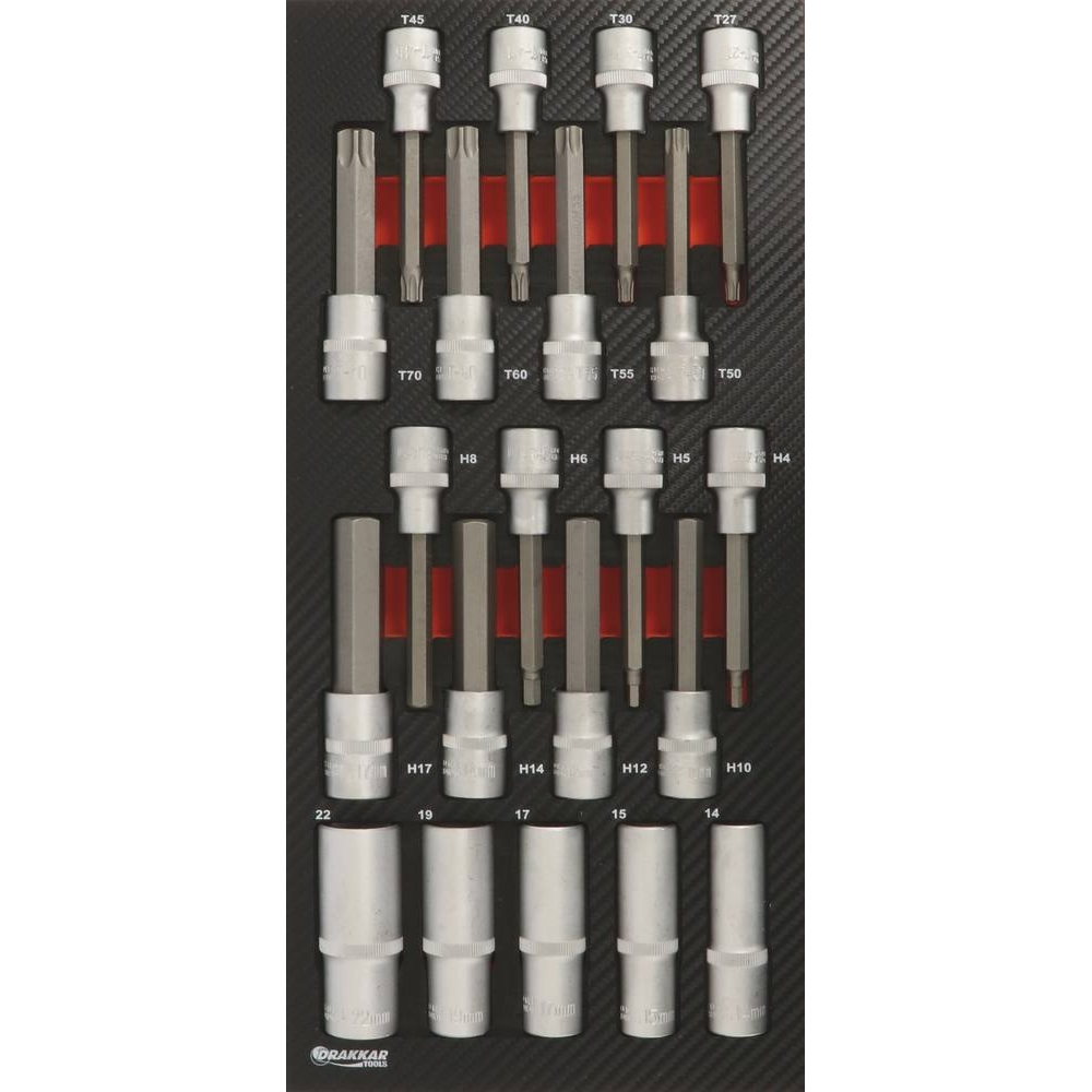 Module mousse 402x189mm carbone douilles longues/embouts Torx et hexagonal - 21 pcs DRAKKAR TOOLS - 09889