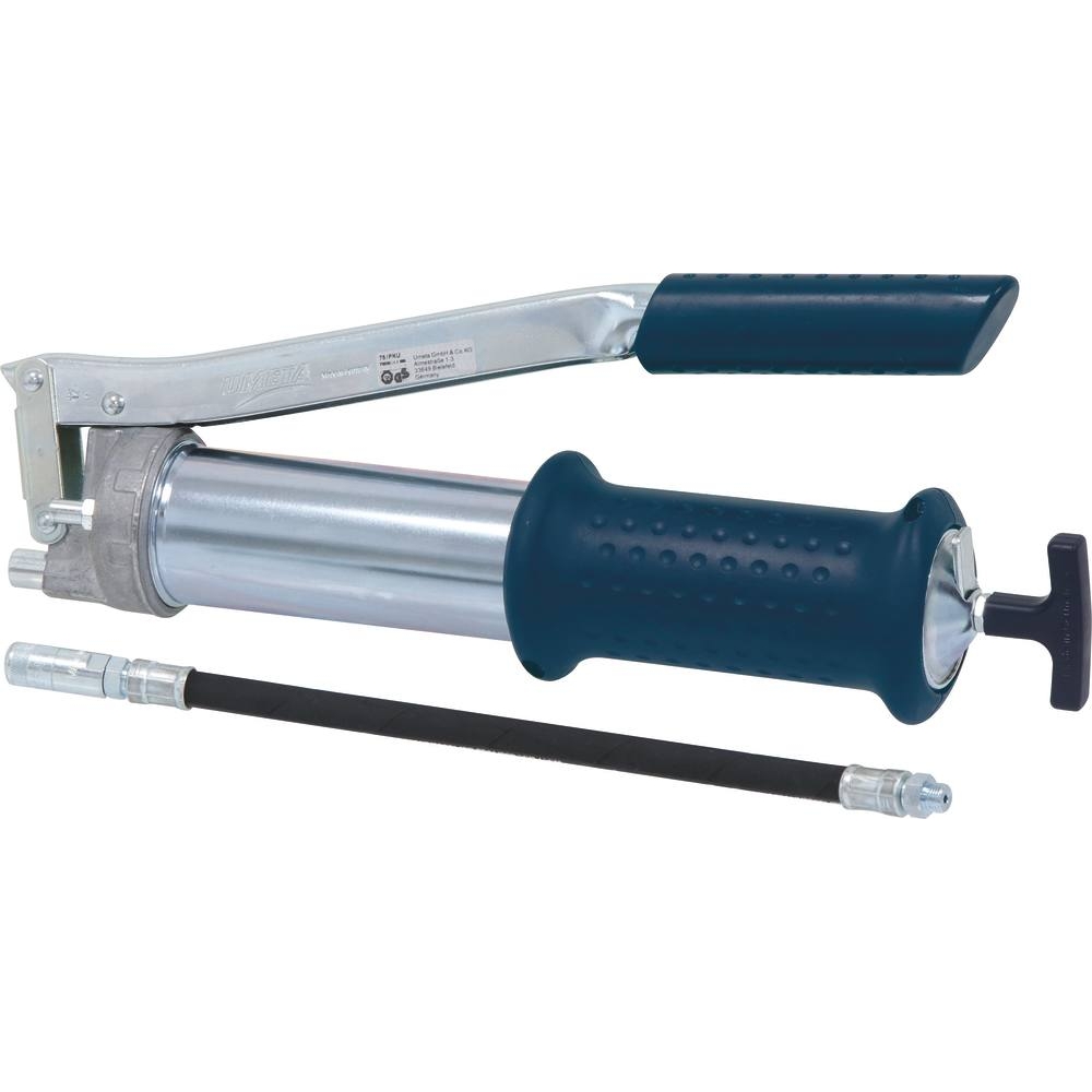 Pompe à graisse manuelle avec poignée caoutchouc et flexible renforcé/agrafe et valve de remplissage UMETA - 10599