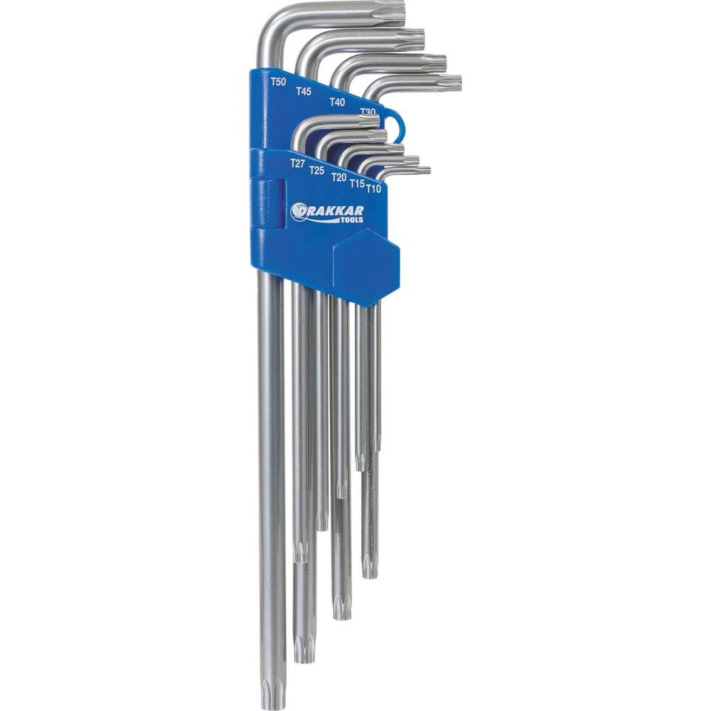 Clé mâle coudée Torx extra longue alésée de T10 à T50 - étui pivotant de 9 pcs sur carte DRAKKAR TOOLS - 10667