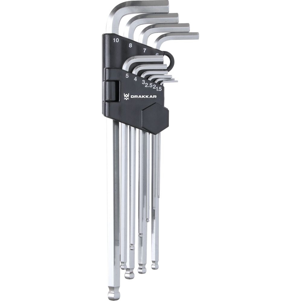 Clés mâles coudées hexagonales extra longues de 1,5 à 10mm - étui pivotant de 10 pcs DRAKKAR TOOLS - 10706