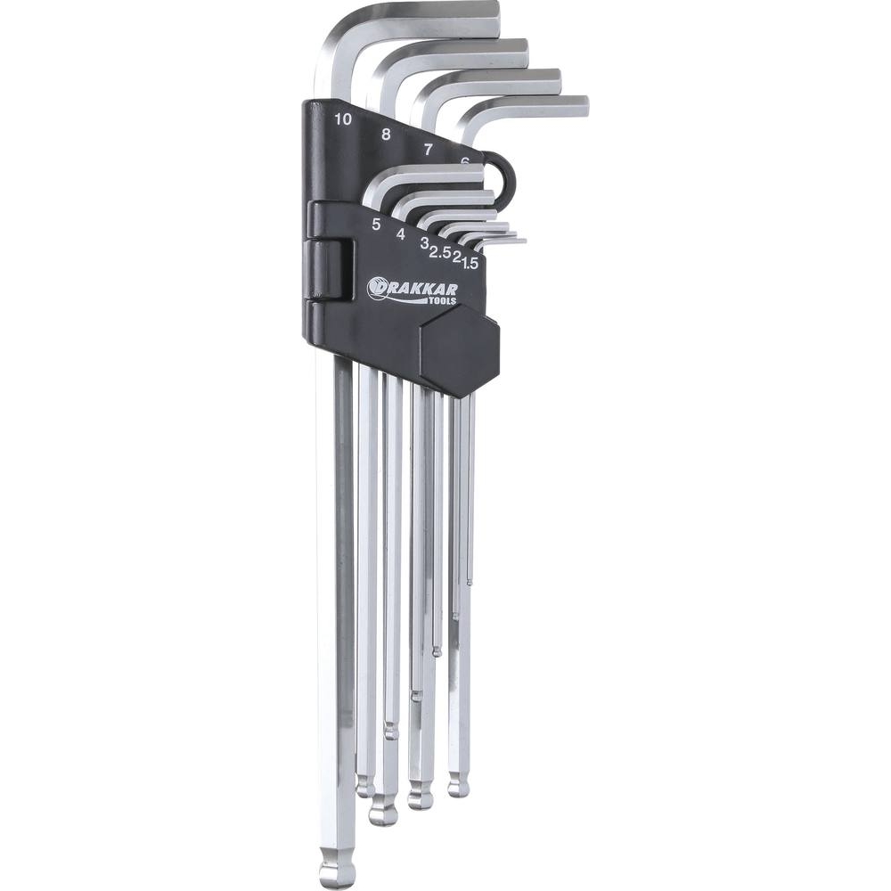 Clés mâles coudées hexagonales extra longues de 1,5 à 10mm - étui pivotant de 10 pcs sur carte DRAKKAR TOOLS - 10707