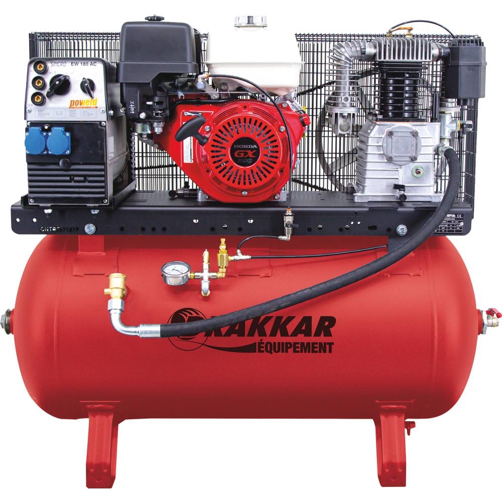 Compresseur fixe thermique essence 230L 12CV 12 bar/génératrice 4000W/2 prises 230V/poste à souder 180A DRAKKAR EQUIPEMENT - 11254