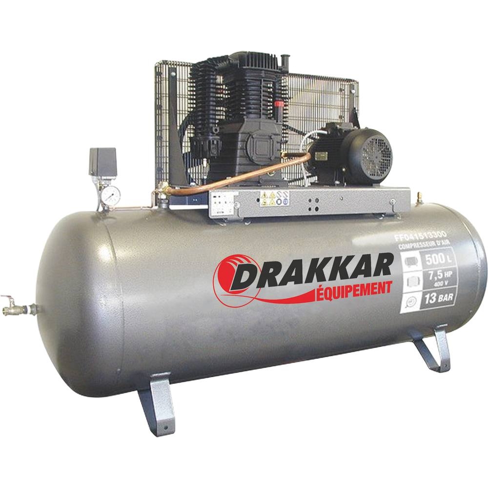 Compresseur fixe à courroie 500L 7,5CV tête bi étagé 400V 13 bar DRAKKAR - 11258