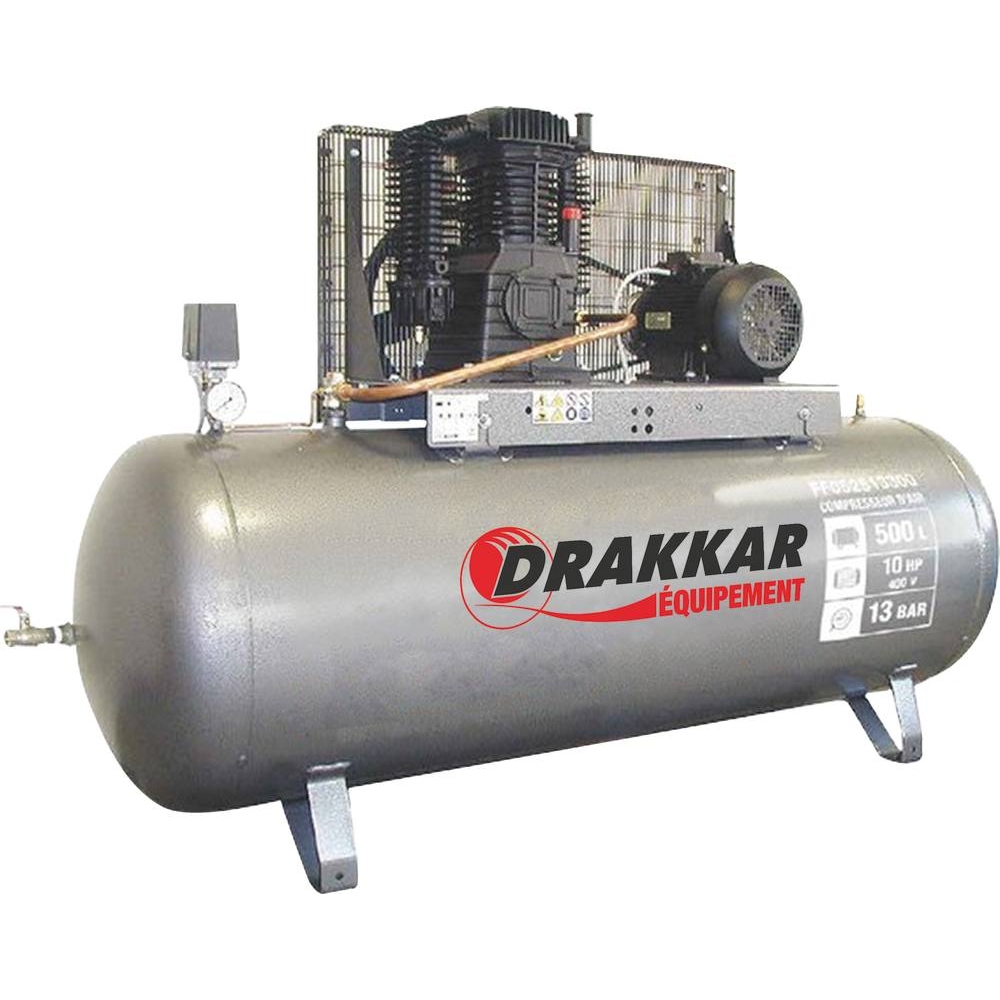 Compresseur fixe à courroie 500L 10CV tête bi étagé 400V 13 bar DRAKKAR 11259