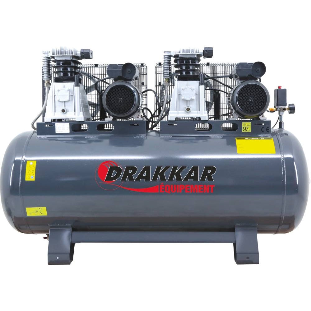 Compresseur fixe tandem à courroie 270L 10 bar 2x3CV 230V gros débit d’air DRAKKAR 11261