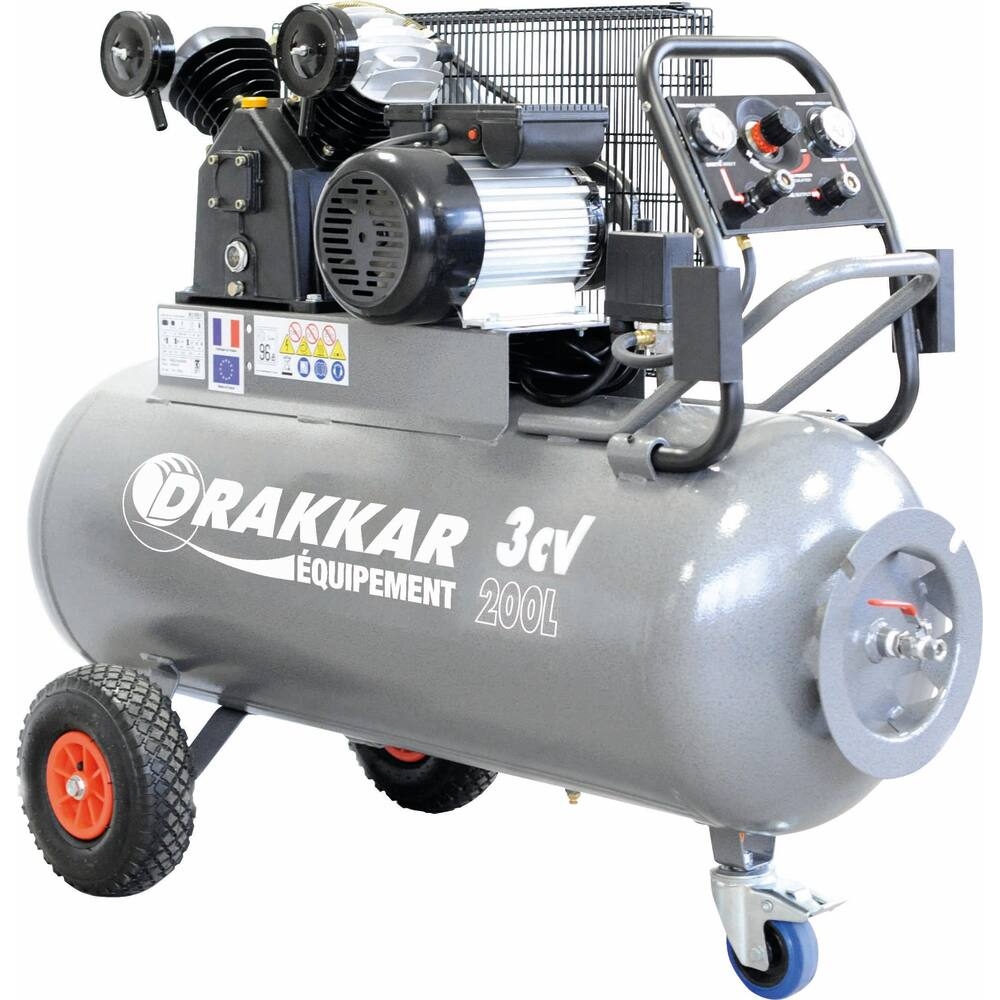 Compresseur à courroie 200L 9 bar 3CV tête en V 230V avec tableau de contrôle DRAKKAR 11274