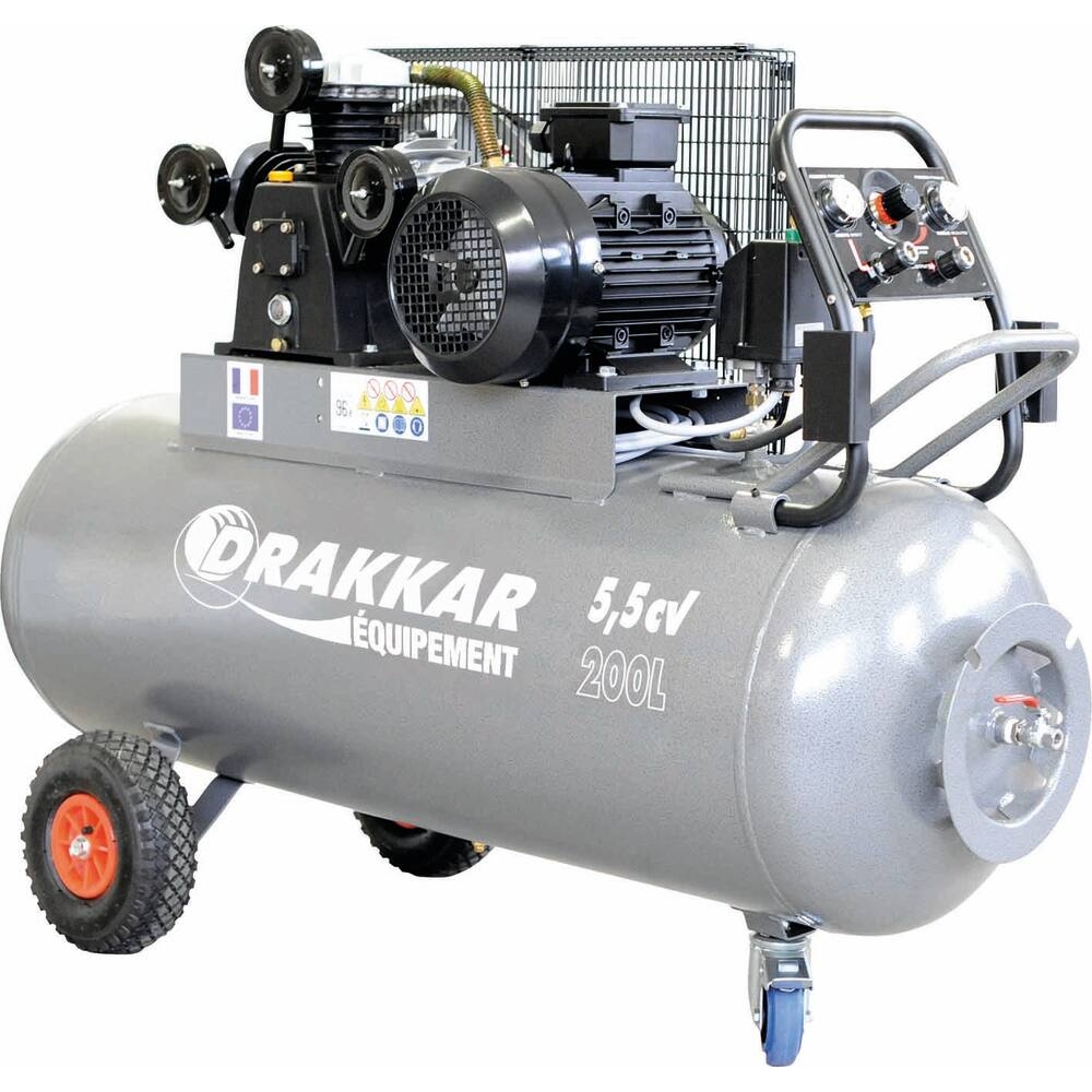 Compresseur à courroie 200L 9 bar 5,5CV tête en W 400V avec tableau de contrôle DRAKKAR 11276
