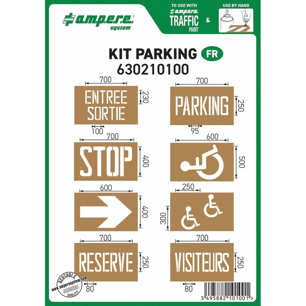 Pochoir réutilisable pour marquage au sol - kit parking 8 planches 740x610mm AMPERE - 11710