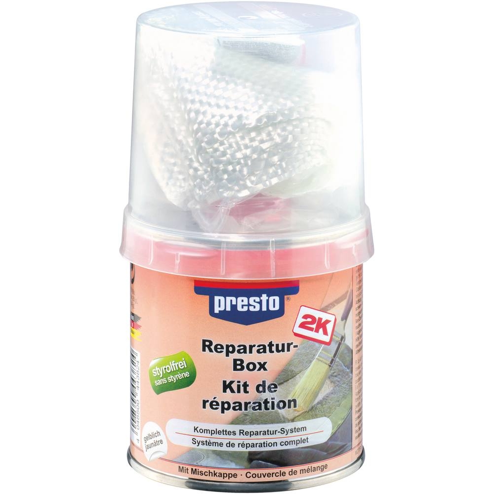 Mastic polyester de réparation avec tube durcisseur et tissu fibre de verre - pot de 250g PRESTO - 12055