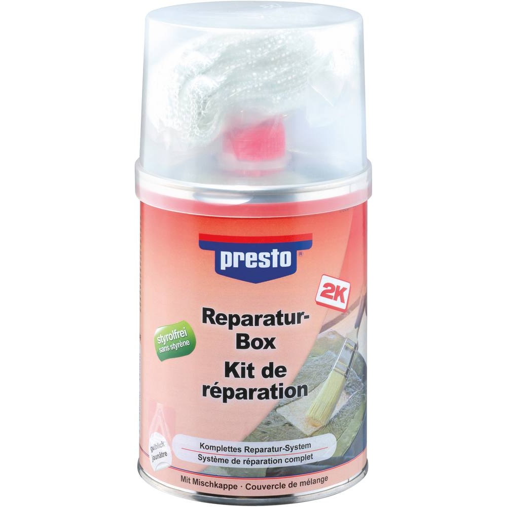 Mastic polyester de réparation avec tube durcisseur et tissu fibre de verre - pot de 1kg PRESTO - 12056
