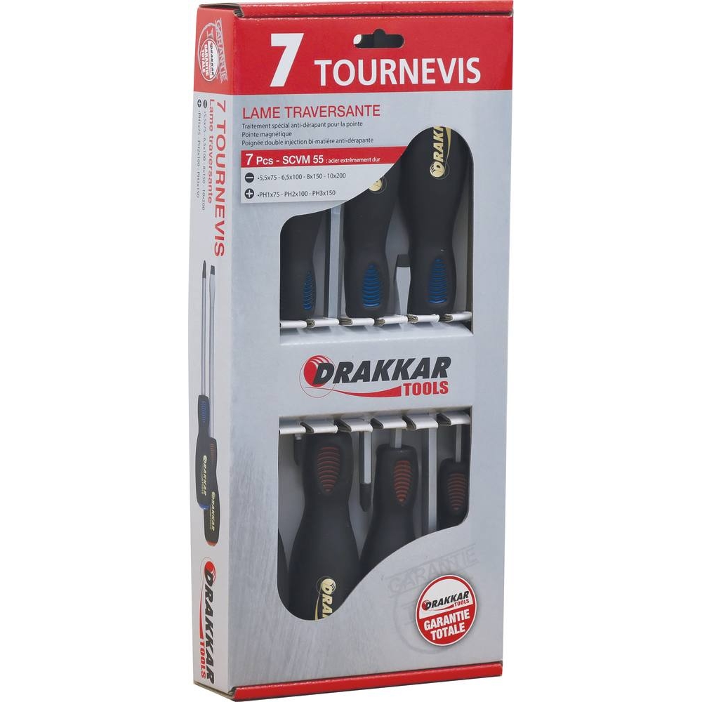 Tournevis avec lame traversante plat et Phillips - boîte carton de 7 pcs DRAKKAR TOOLS - 13338