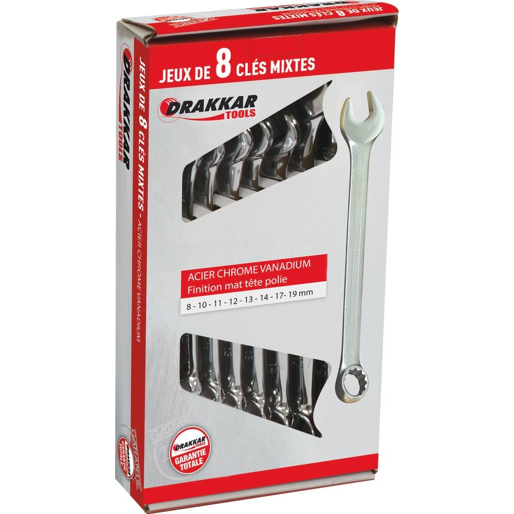 Clés mixtes de 8 à 19mm tête polie - boîte carton de 8 pcs DRAKKAR TOOLS - 13908