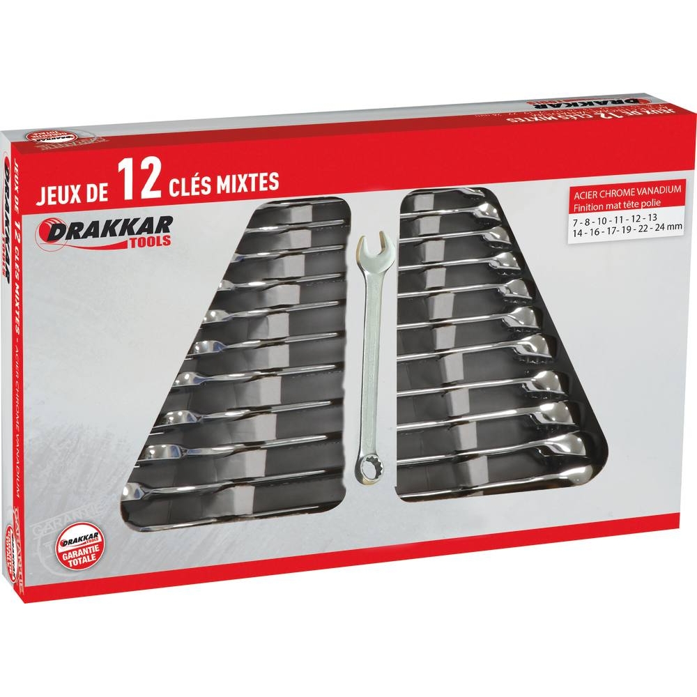 Clés mixtes de 7 à 24mm tête polie - boîte carton de 12 pcs DRAKKAR TOOLS - 13910