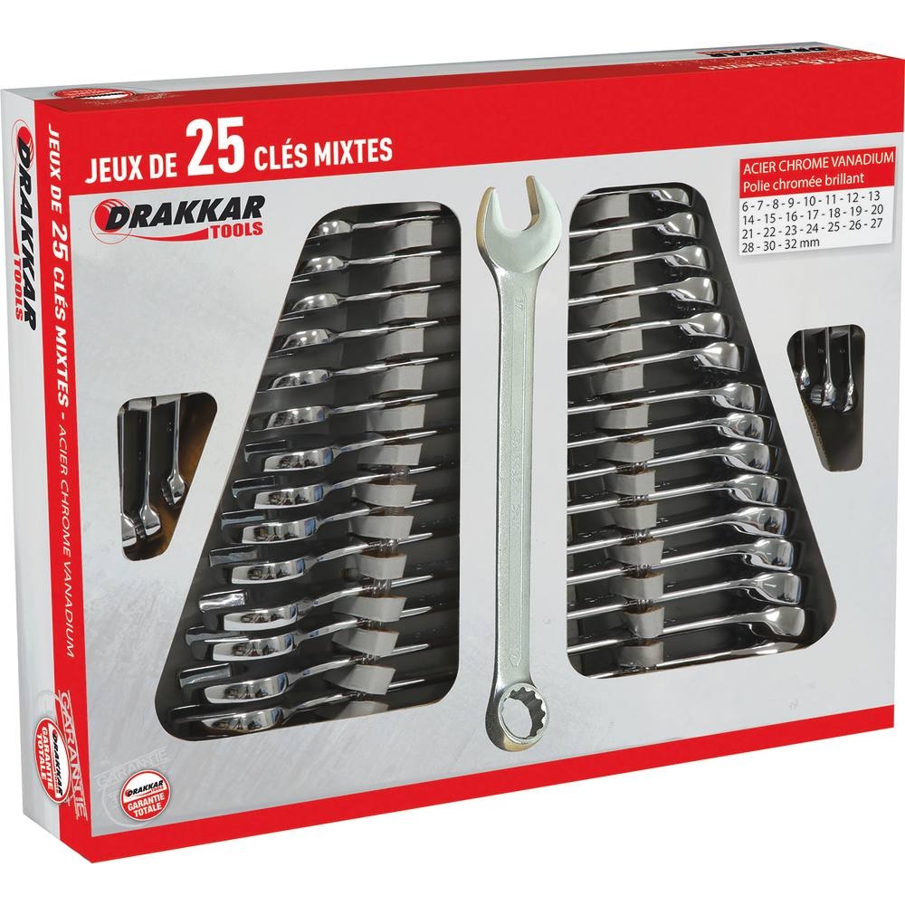 Clés mixtes de 6 à 32mm tête polie - boîte carton de 25 pcs DRAKKAR TOOLS - 13916