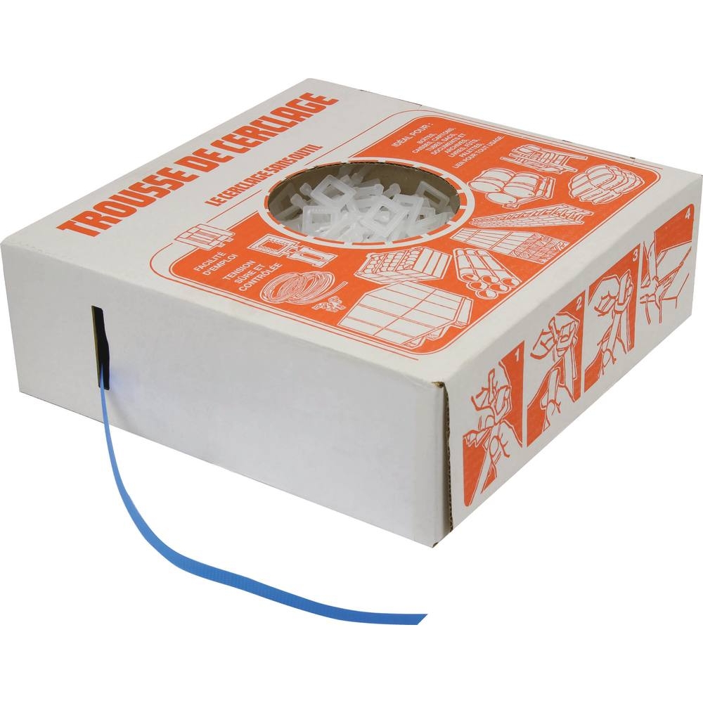 Feuillard bleu 12mm 750m avec 250 boucles plastiques - kit de cerclage - 14038