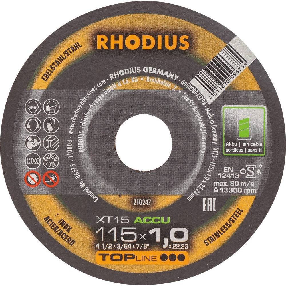 Disque à tronçonner acier/inox 115x1x22mm pour meuleuse sur batterie - lot de 10 pcs RHODIUS - 14068