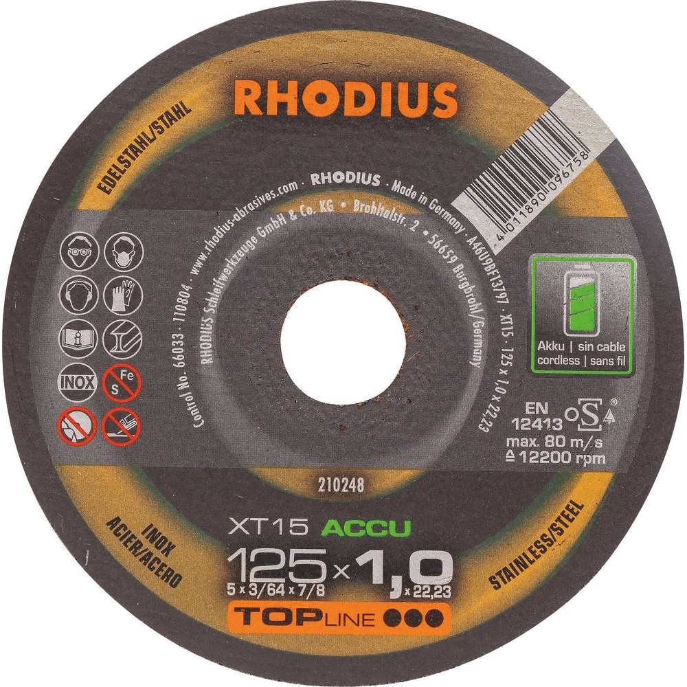 Disque à tronçonner acier/inox 125x1x22mm pour meuleuse sur batterie - lot de 10 pcs RHODIUS - 14069