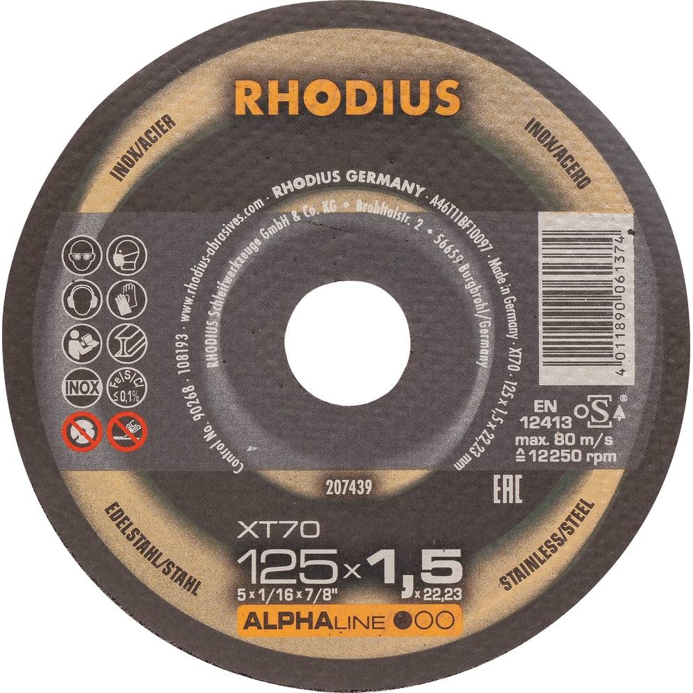 Disque à tronçonner acier 125x1,5x22mm - lot de 10 pcs RHODIUS - 14148