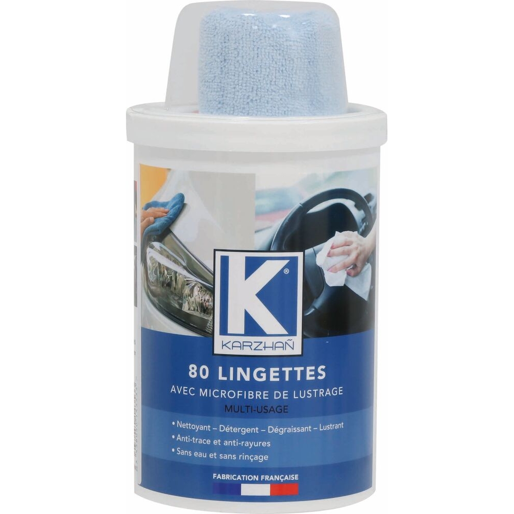 Lingette nettoyante multi-usage avec microfibre de lustrage - pot de 80 lingettes KARZHAN - 14353