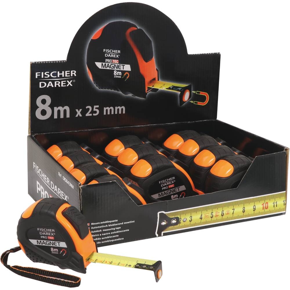 Mètre/mesure à ruban autoblocant 8x25mm magnétique boîtier bi-matière - présentoir de 12 pcs FISHER DAREX - 14388