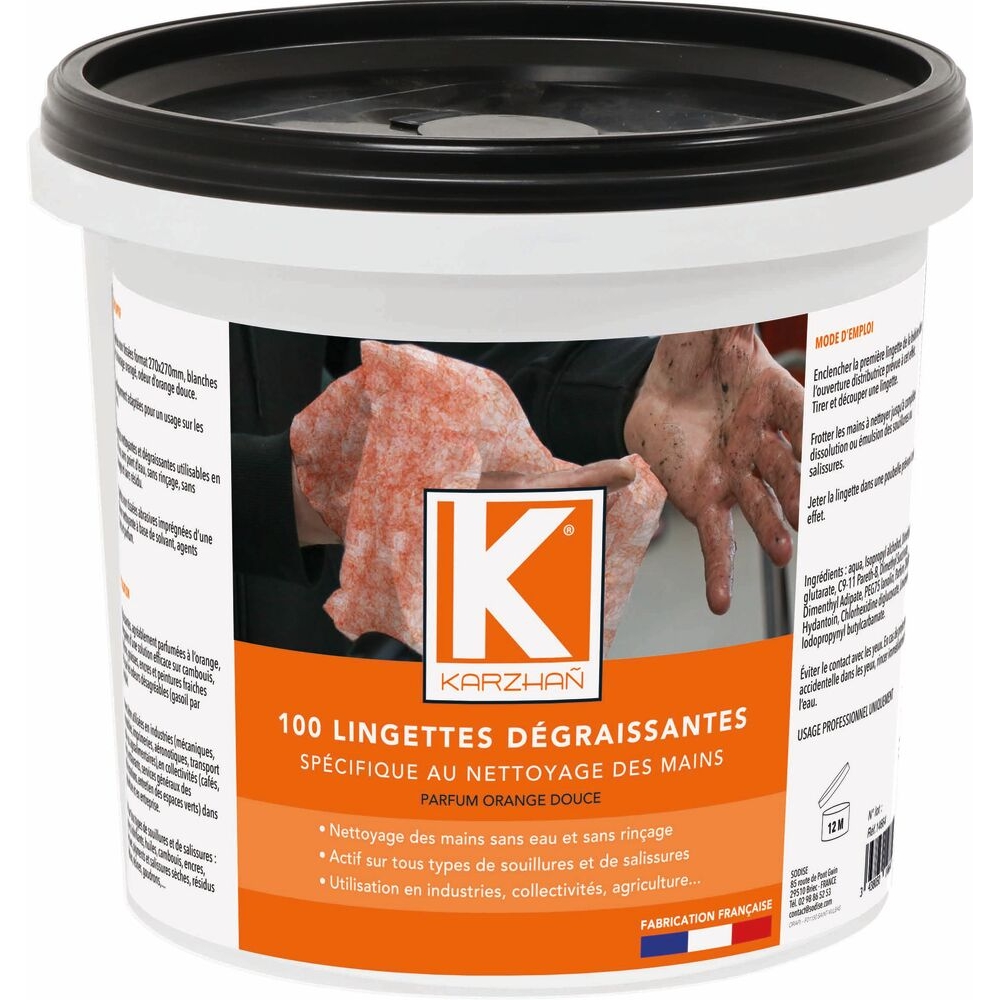 Lingettes nettoyantes mains 270x270mm - seau de100 lingettes KARZHAN - 14664