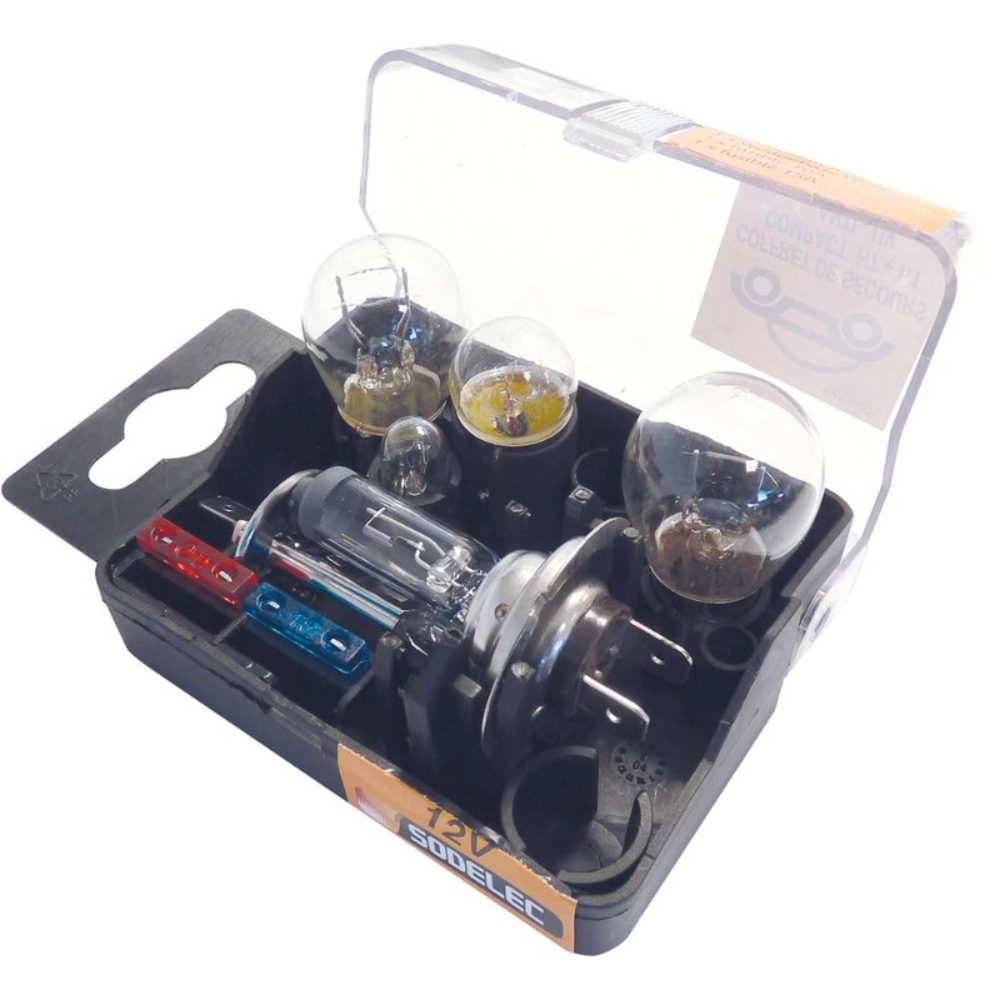 Coffret de secours d'ampoules 12v compact h1+ h7 6 lampes + 2 fusibles SODELEC - 16275
