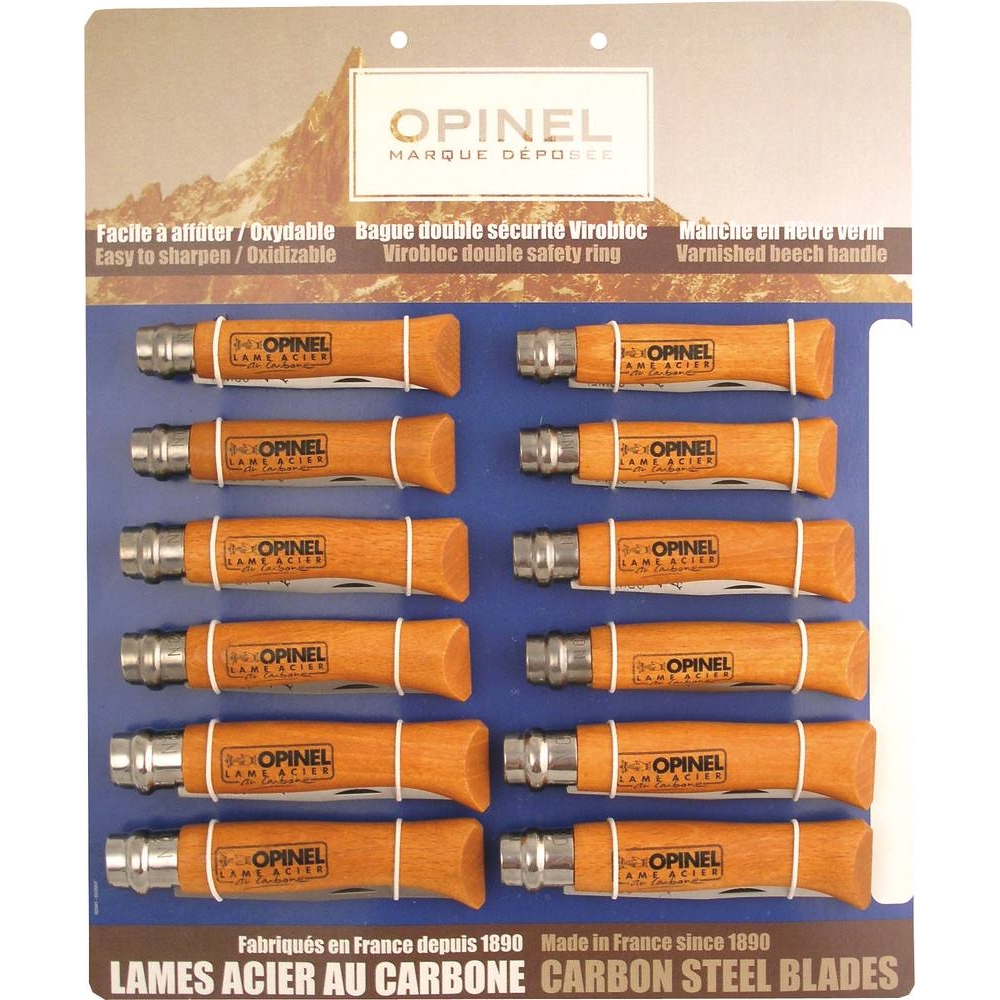 Couteau N°6/7/8 avec lame en acier carbone et bague de sécurité - présentoir mural de 12 pcs OPINEL - 17600