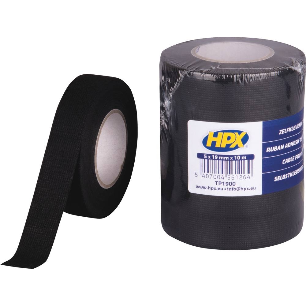 Ruban adhésif textile de protection noir pour câble 19mmx10m - lot de 5 pcs HPX - 20549