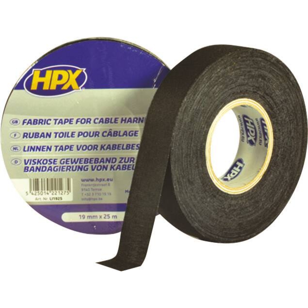 Ruban adhésif textile noir 19x0,25mm 25m 6N HPX - 20558