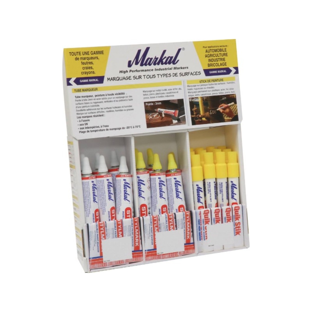 Presentoir 20 tubes marqueurs a bille + 12 sticks de peinture blanc MARKAL - 28580