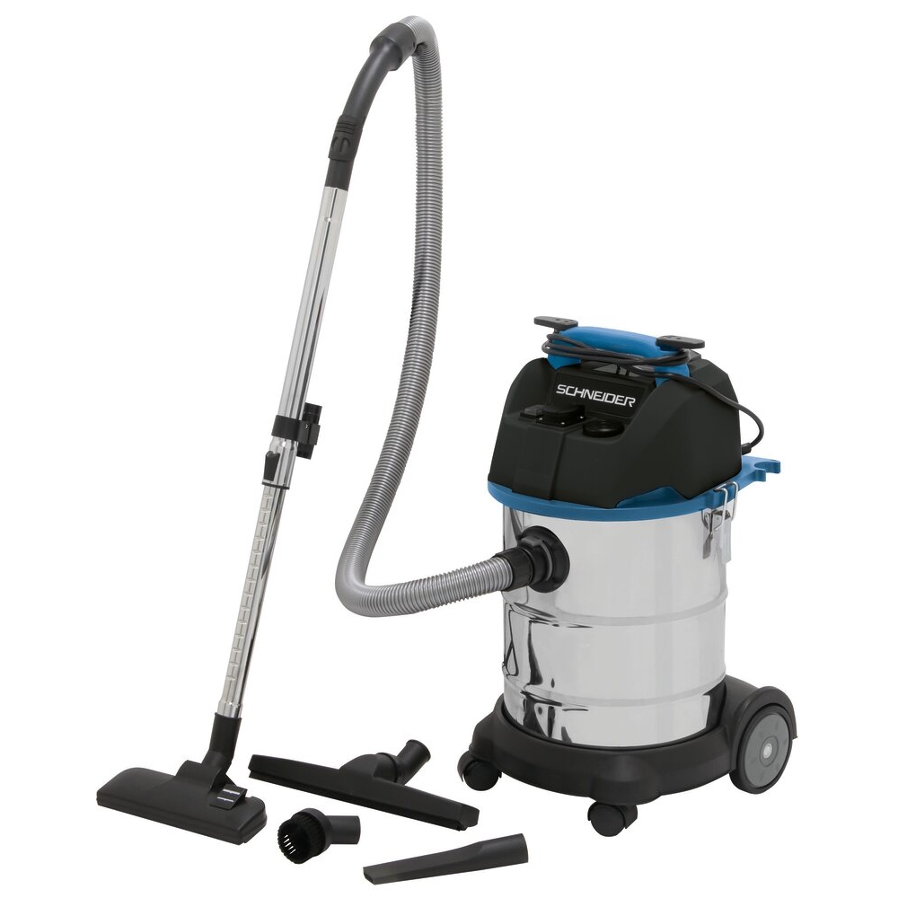 Aspirateur eau et poussière 30L 230V 1200W cuve inox/prise électroportatif/2 roues fixes/décolmatage/souffleur SCHNEIDER ASPI - 50003