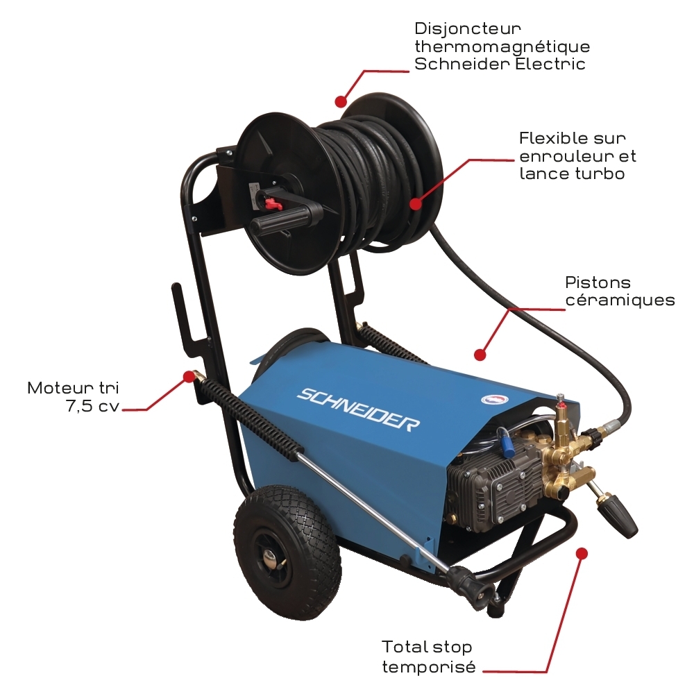 Nettoyeur HP eau froide 380V 15 l/min 200 bar total stop avec enrouleur de flexible 20m et lance turbo - SCHNEIDER NHP - 50067