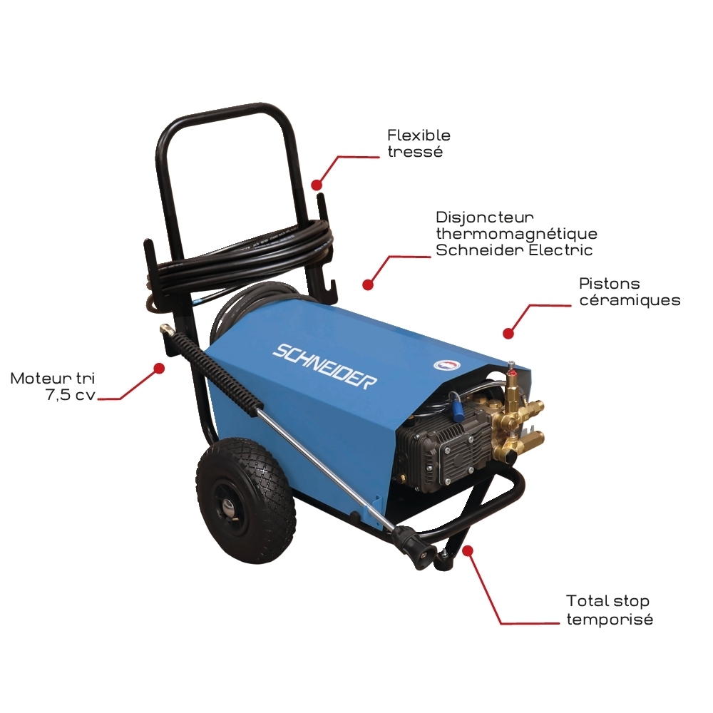 Nettoyeur HP eau froide 380V 21 l/min 150 bar total stop avec flexible 20m - SCHNEIDER NHP - 50075