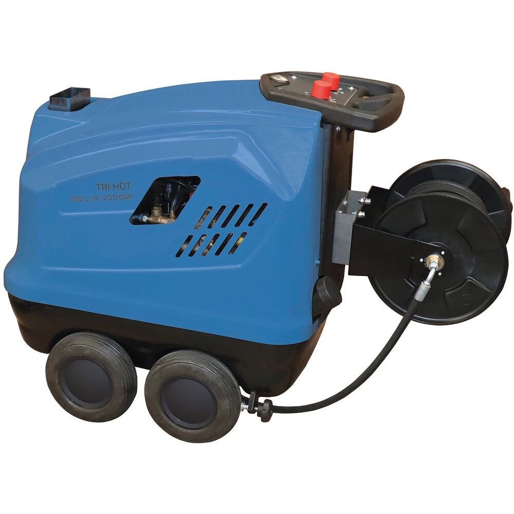Nettoyeur HP eau chaude 380V 15 l/min 200 bar avec enrouleur 20m et lance turbo et total stop SCHNEIDER NHP - 50098