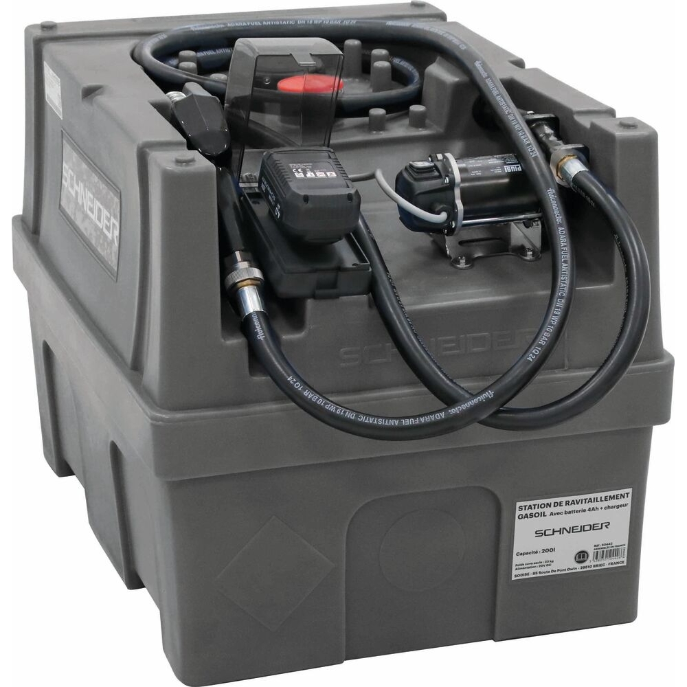 Cuve de ravitaillement gasoil PE 200L avec kit pompe à gasoil avec plateforme 20V Li-ion et 1 batterie 4Ah SCHNEIDER - 50442