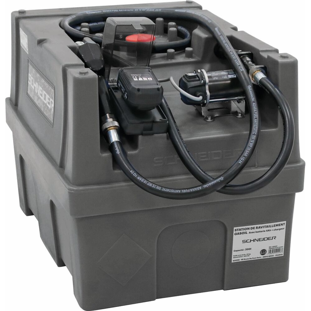 Cuve de ravitaillement gasoil PE 200L avec kit pompe à gasoil avec plateforme 20V Li-ion et 1 batt 4Ah SCHNEIDER TRANSFERT - 50442