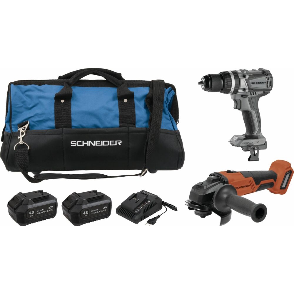 Pack 20V perceuse 60Nm/meuleuse 125mm/2 batteries Li-ion 4Ah - sac de transport SCHNEIDER ELECTRO - 50930