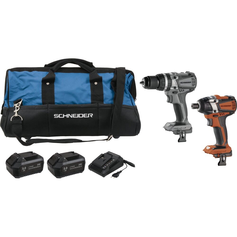 Pack 20V visseuse à choc 200/350Nm-perceuse percu 60Nm-2 batteries Li-ion 5Ah - sac de transport SCHNEIDER ELECTRO - 50932