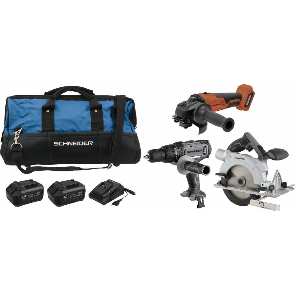 Pack 20V perceuse 50Nm/meuleuse 125mm/scie circulaire 165mm/2 batteries Li-ion 4Ah - sac de transport SCHNEIDER ELECTRO - 50934