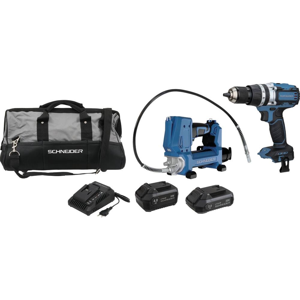 Pack 20V perceuse visseuse à percu 65Nm-pompe à graisse 690 bar-2 batteries Li-ion 2Ah + 4Ah - sac de transport SCHNEIDER ELECTRO - 50943