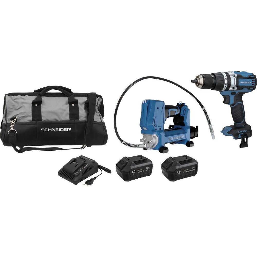 Pack 20V perceuse visseuse à percu 65Nm-pompe à graisse 690 bar-2 batteries Li-ion 4Ah - sac de transport SCHNEIDER ELECTRO - 50944