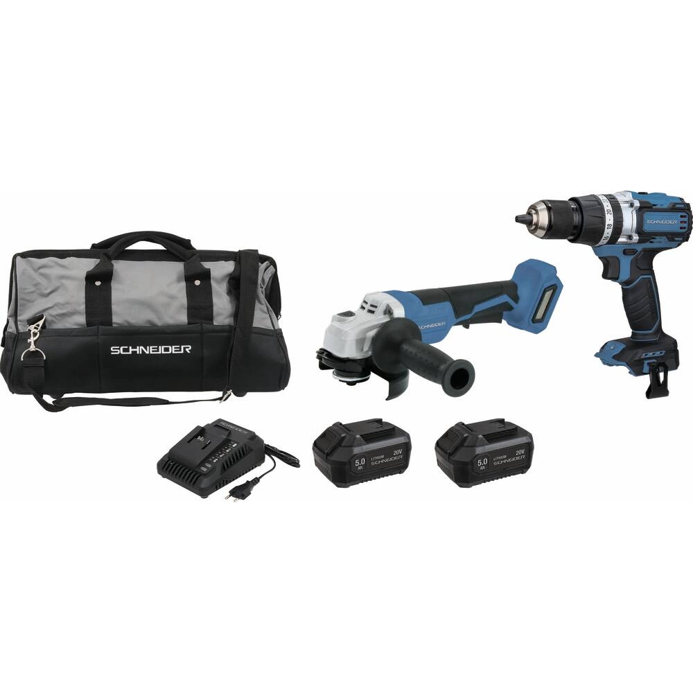 Pack 20V perceuse visseuse à percu 65Nm-meuleuse d'angle 125mm-2 batteries Li-ion 5Ah - sac de transport SCHNEIDER ELECTRO - 50946